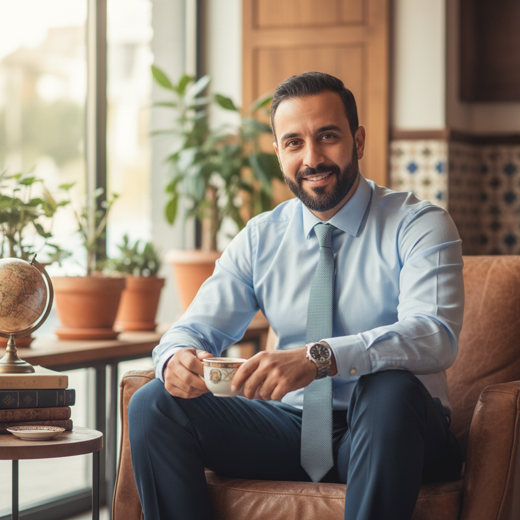 een nette man in overhemd met midden oosters uiterlijk, beetje informele foto